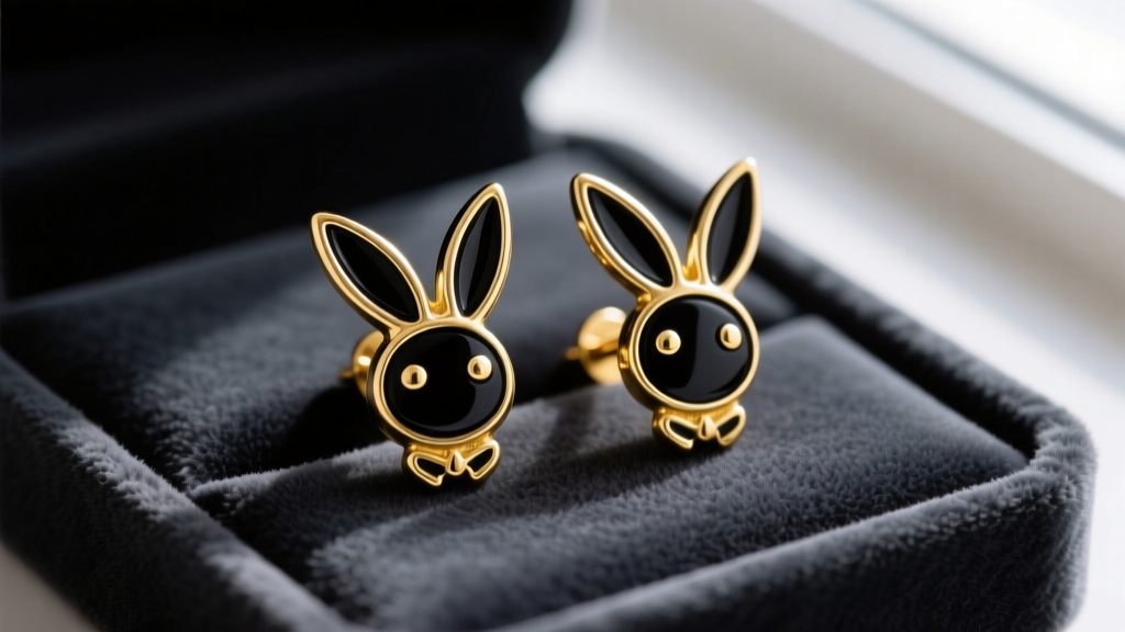 Macro shot of vintage 1980s gold-tone Playboy bunny stud earrings with black enamel on a dark velvet jewelry pad