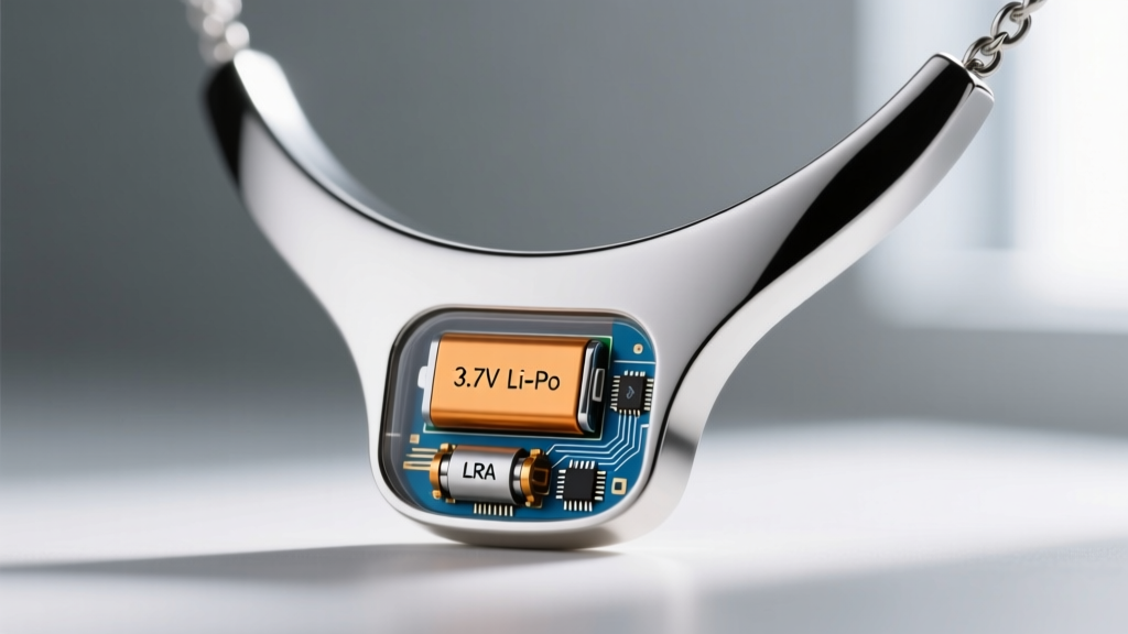 Technical diagram of a smart haptic necklace pendant showing the 3.7V Li-Po battery, LRA motor, and Bluetooth microchip layout
