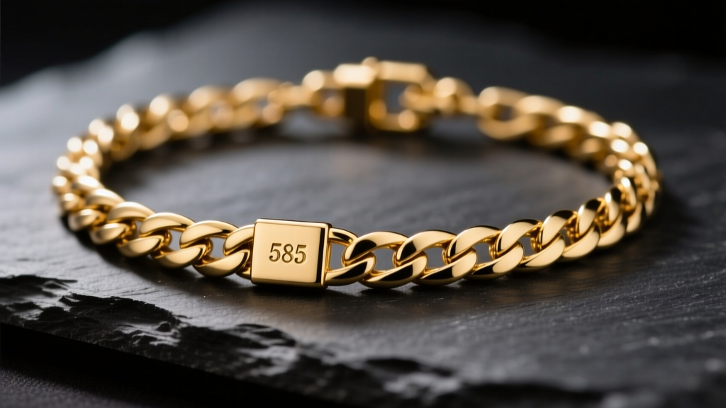 Close-up of Italy 14K gold Figaro chain necklace on dark slate under soft warm lighting, clearly showing the 585 hallmark stamp