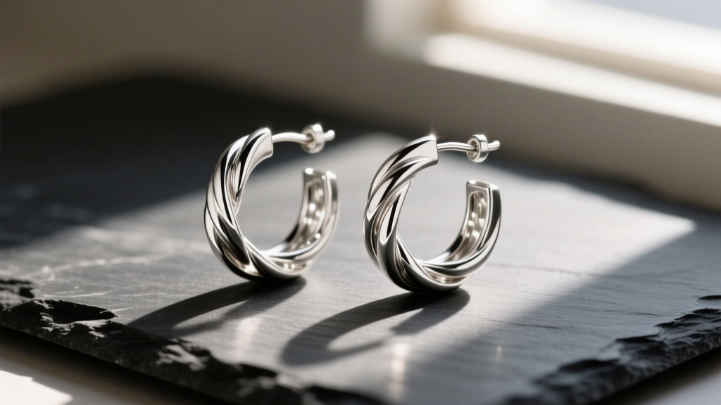 Sterling silver twisted hoop earrings resting on dark slate, catching warm sunlight with sharp metallic reflections and soft shadows.