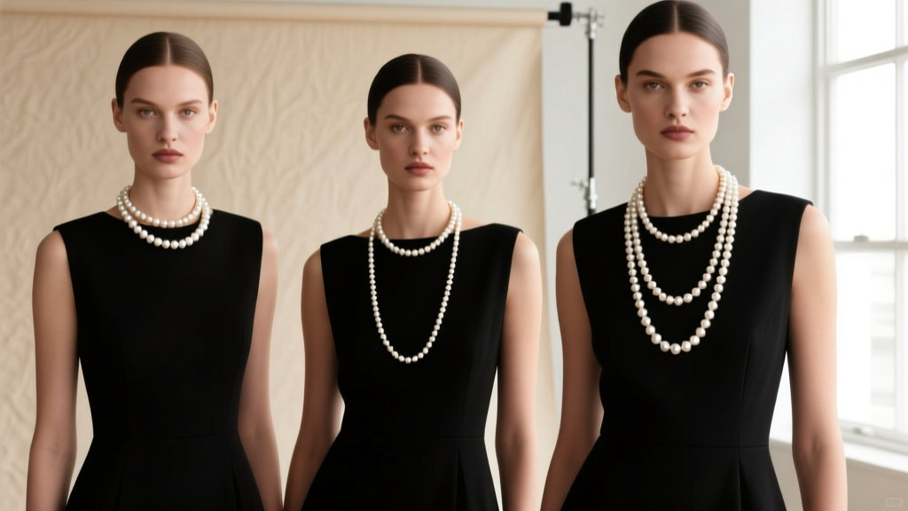 Models wearing varying pearl lengths: a 16-inch choker, 18-inch princess, and 24-inch matinee against a neutral beige backdrop