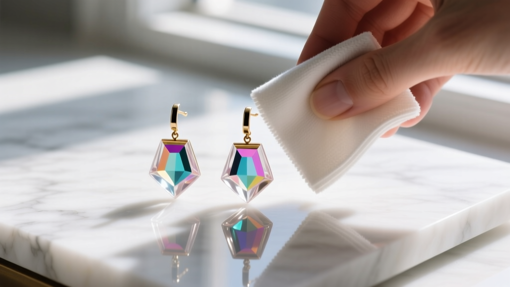 Acrylic earrings being gently wiped with a microfiber cloth and specialized plastic polish on a bright white marble surface.