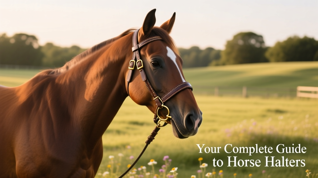 A calm horse wearing a well-fitted leather halter while standing in a paddock