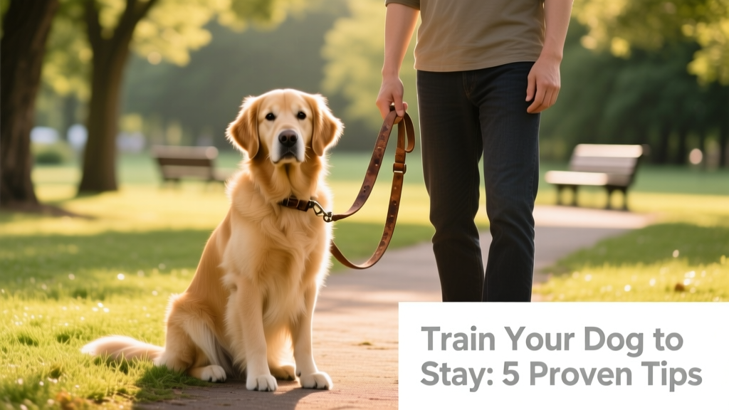 A calm, confident dog sitting attentively beside their owner in a grassy park, leash loosely held