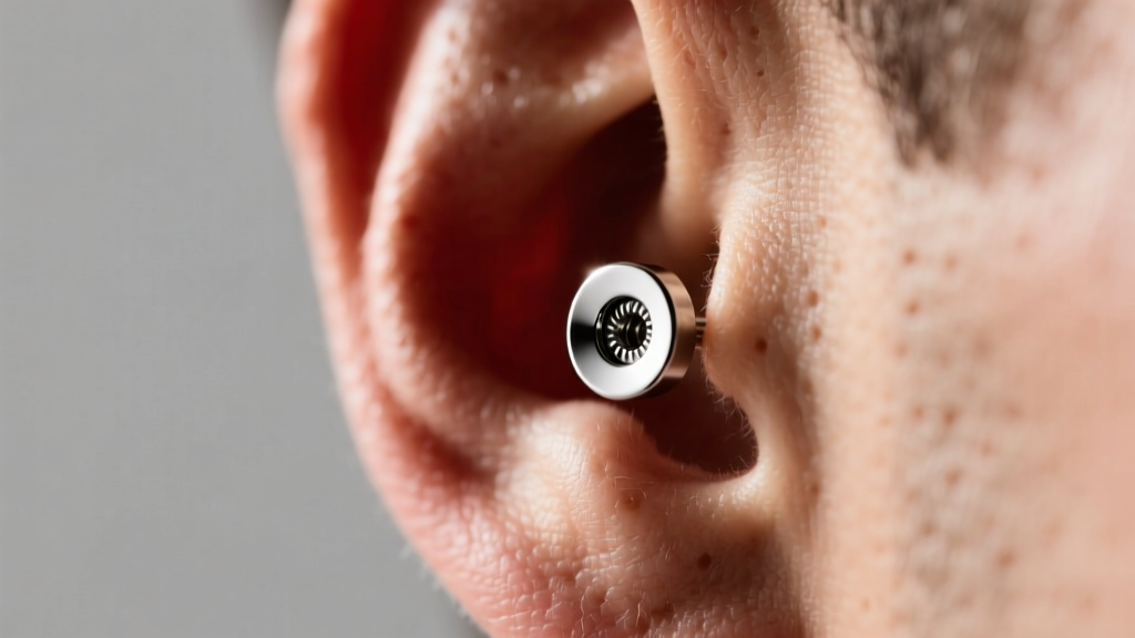 Macro shot of an 18-gauge titanium flat back stud in a male earlobe, highlighting the mirror polish and secure internal threading.