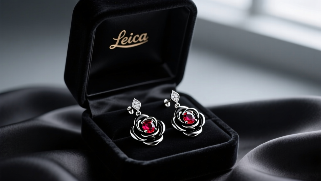 Open velvet box revealing black rhodium-plated rose drop earrings with ruby centers, resting on dark silk fabric in moody lighting
