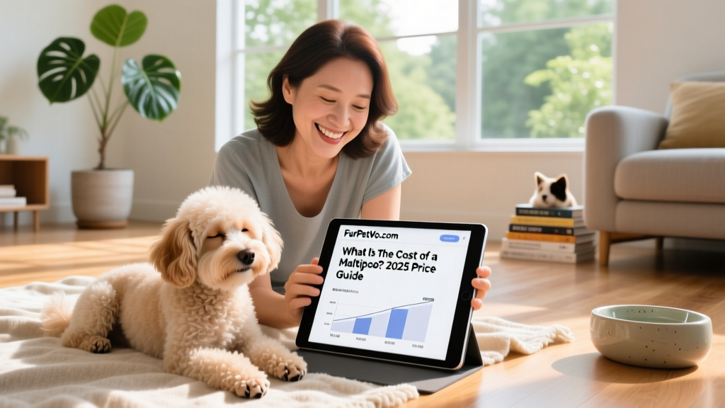 A happy Maltipoo owner smiling while browsing FurPetVo.com on a tablet, with their dog resting nearby