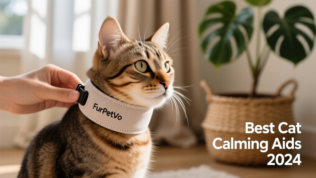 Close-up of a FurPetVo calming collar gently fitted around a cat’s neck, with soft fabric and discreet design