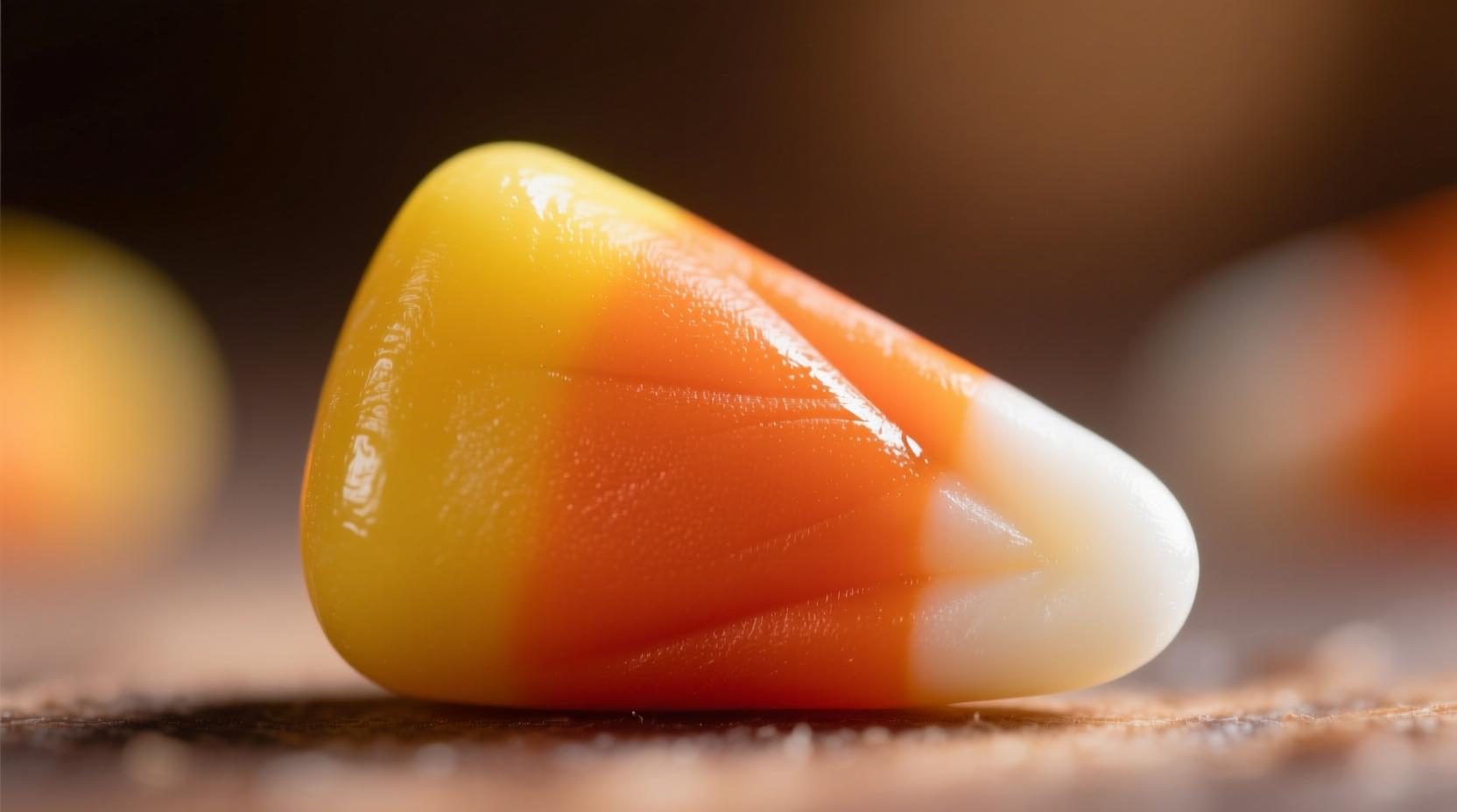 Close-up of candy corn showing its distinctive tri-color layers