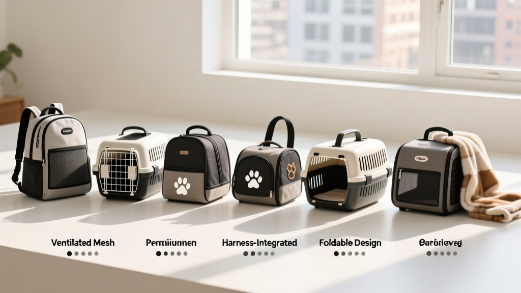 Side-by-side comparison of seven cat carriers on a clean white surface, labeled with brand names and key features