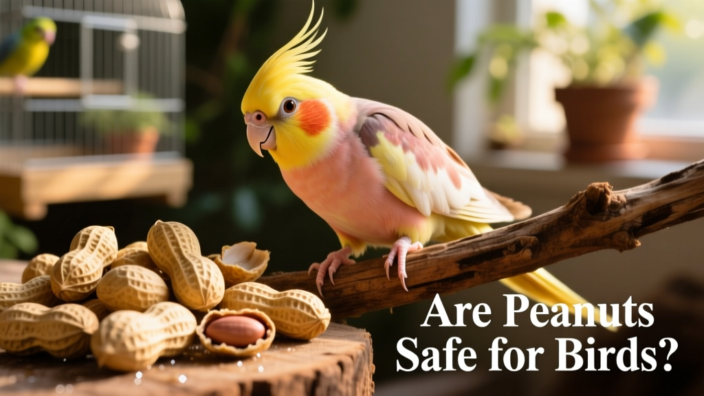 Close-up of fresh, shelled peanuts next to a healthy cockatiel on a perch