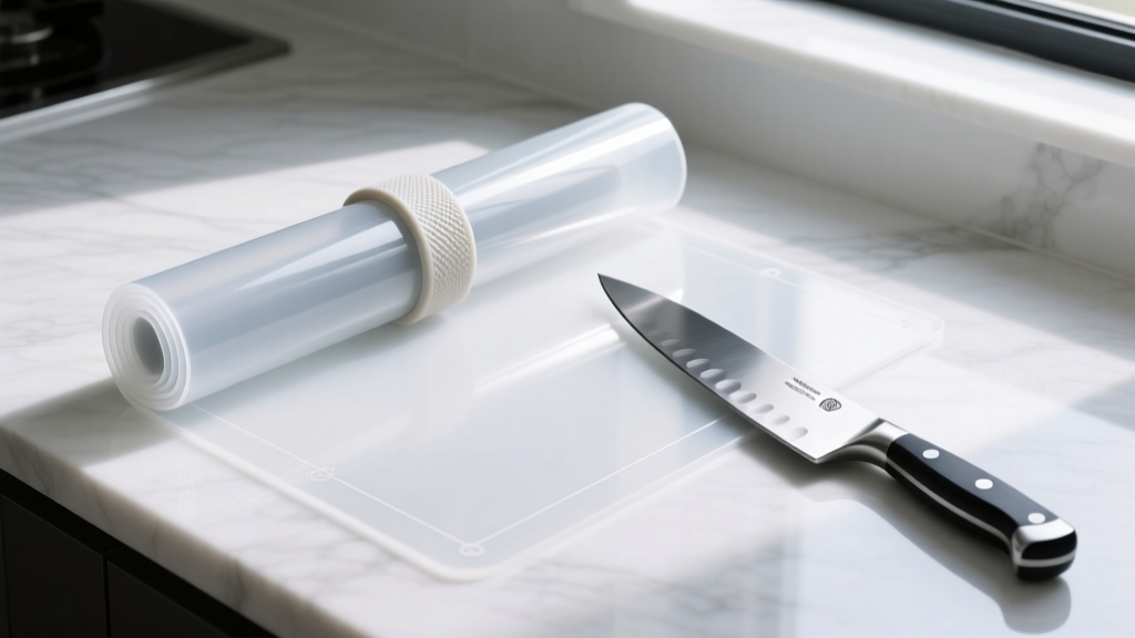 Rolled-up translucent TPU flexible cutting mat secured with a silicone band next to a chef knife on a white quartz countertop