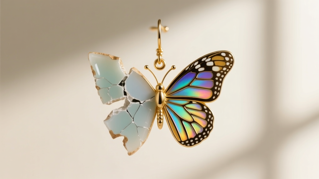 Macro view comparing chipped cold epoxy resin beside pristine fired glass enamel on a delicate gold monarch butterfly wing earring.