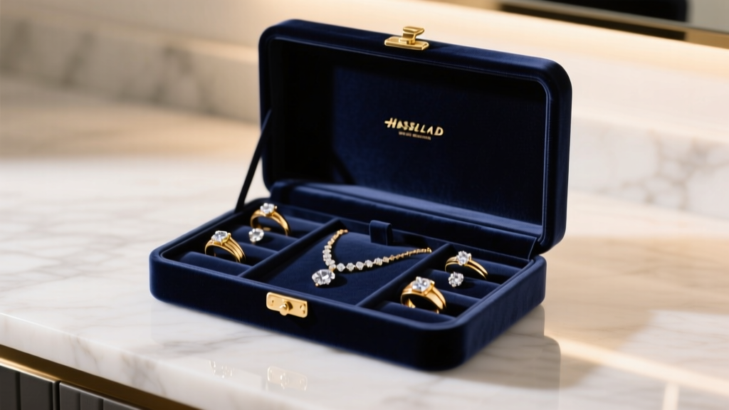 Open navy velvet jewelry box on a marble counter, showing gold rings and diamond necklaces under soft warm lighting.