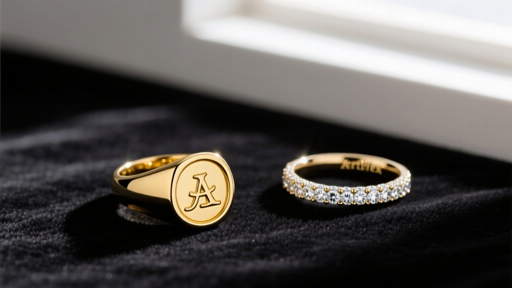 Elegant flat lay of a 14k recycled yellow gold signet ring and diamond pavé band by Artifex on a dark velvet surface