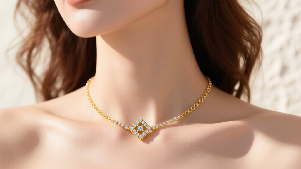 Woman wearing a delicate 18k yellow gold diamond station necklace, highlighting the clasp and chain against her bare collarbone.