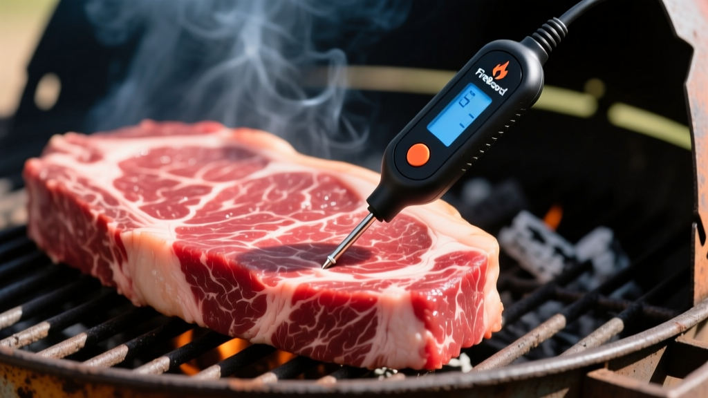 Close-up of a FireBoard Spark wireless temperature probe inserted into the flat of a raw beef brisket before smoking on a kamado grill