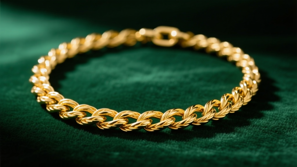Elegant 18k yellow gold rope chain necklace resting on dark emerald green velvet, soft studio lighting highlighting twisted links