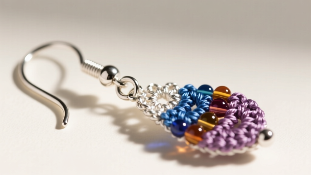 Detailed view of a 20-gauge sterling silver French ear wire attached to a beaded crochet teardrop earring via a 4mm jump ring.