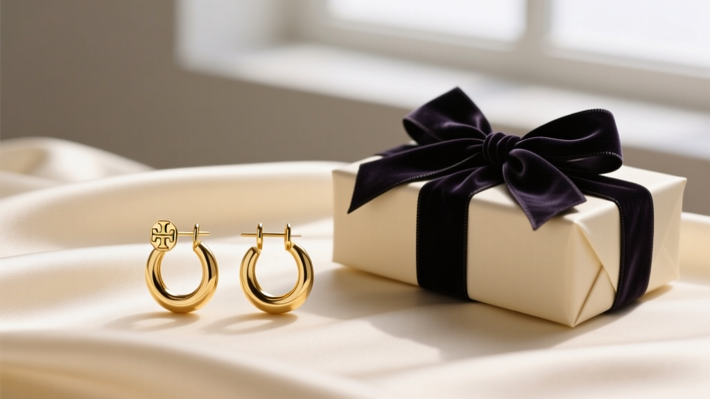 Gold-tone Tory Burch signature T hoop earrings resting on cream silk fabric beside a wrapped gift box with a dark velvet ribbon