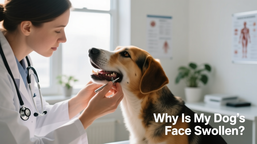 Veterinarian gently examining a dog’s face and mouth during a clinical checkup, with calm demeanor and soft lighting