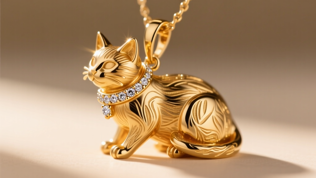 Side view of 14k gold cat pendant with tiny diamond collar, highlighting lost-wax casting details in warm sunlight