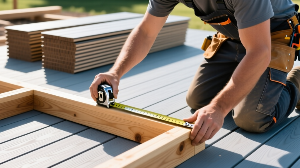 Carpenter measuring a 12x12 pressure-treated deck frame with a tape measure, with stacked composite decking boards in the background