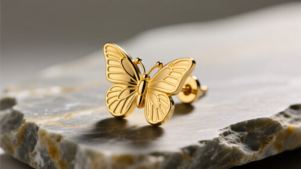 Macro shot of a solid 14k yellow gold butterfly friction earring back resting on textured slate under soft studio lighting.