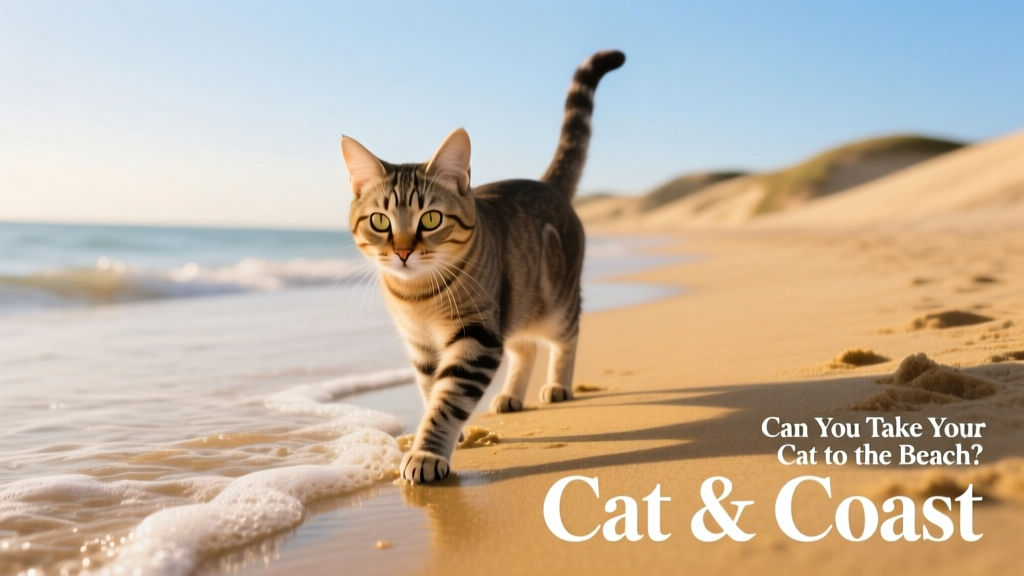 A curious cat cautiously stepping onto sun-warmed sand near the water's edge