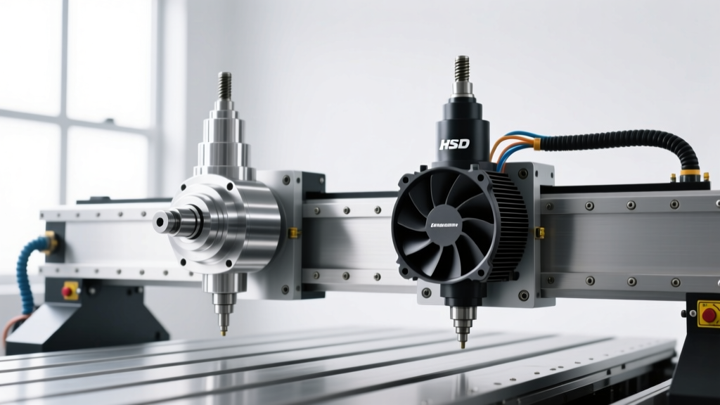 Side-by-side comparison of an OEM HSD spindle and an aftermarket air-cooled spindle mounted on a CNC router gantry