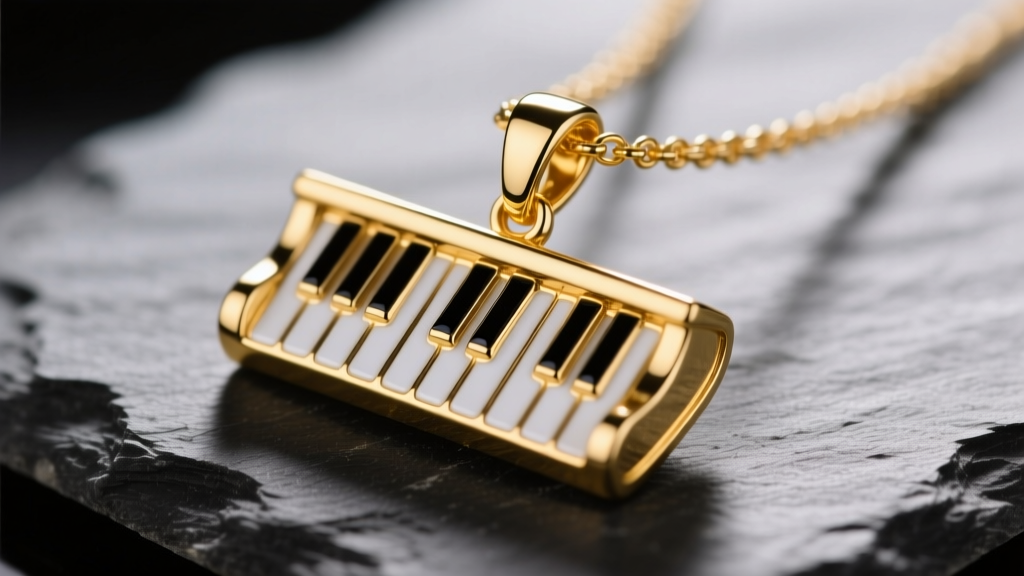 Close-up of an 18k gold vermeil grand piano pendant necklace with black and white cold enamel keys, resting on dark slate.