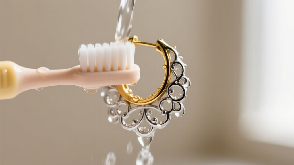 Soft baby toothbrush cleaning recessed silver filigree of a mixed-metal earring under lukewarm water, showing safe jewelry care.