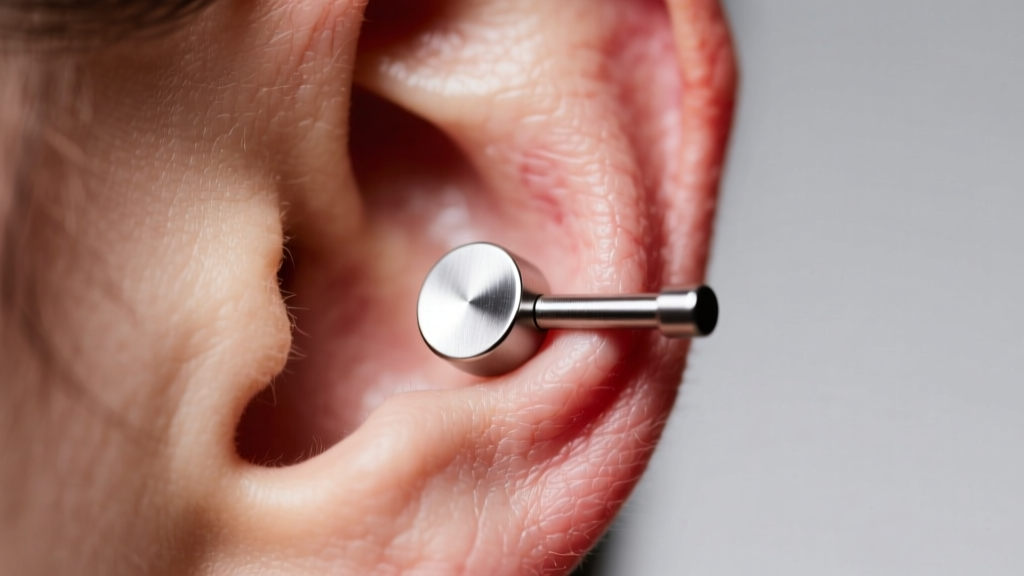 Close-up of a swollen, slightly red earlobe piercing with a titanium flat-back labret stud, illuminated by soft clinical lighting.