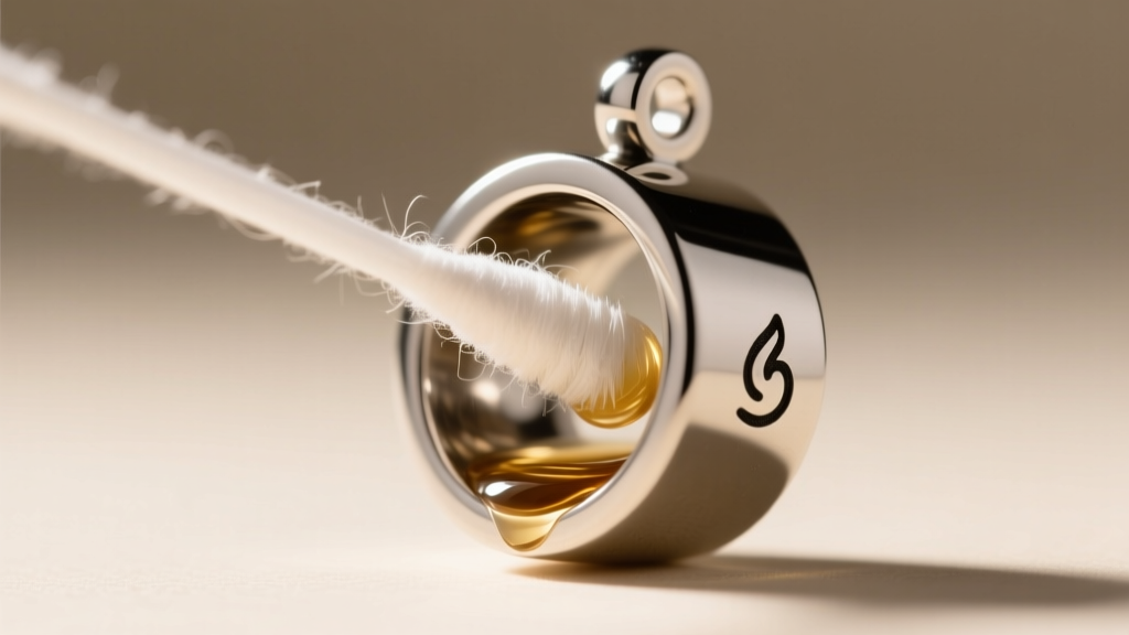 Macro shot of a cotton swab cleaning the narrow 4mm inner bore of a stainless steel mindfulness breathing pendant using alcohol