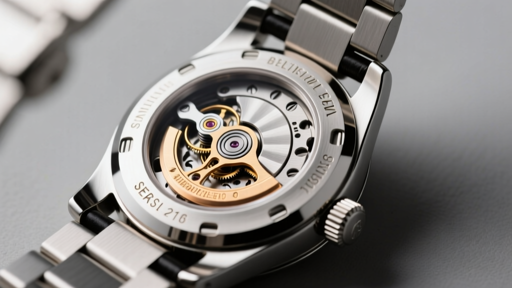 Side view of open luxury clasp revealing internal beryllium-copper spring mechanism and laser-engraved serial numbers on metal.