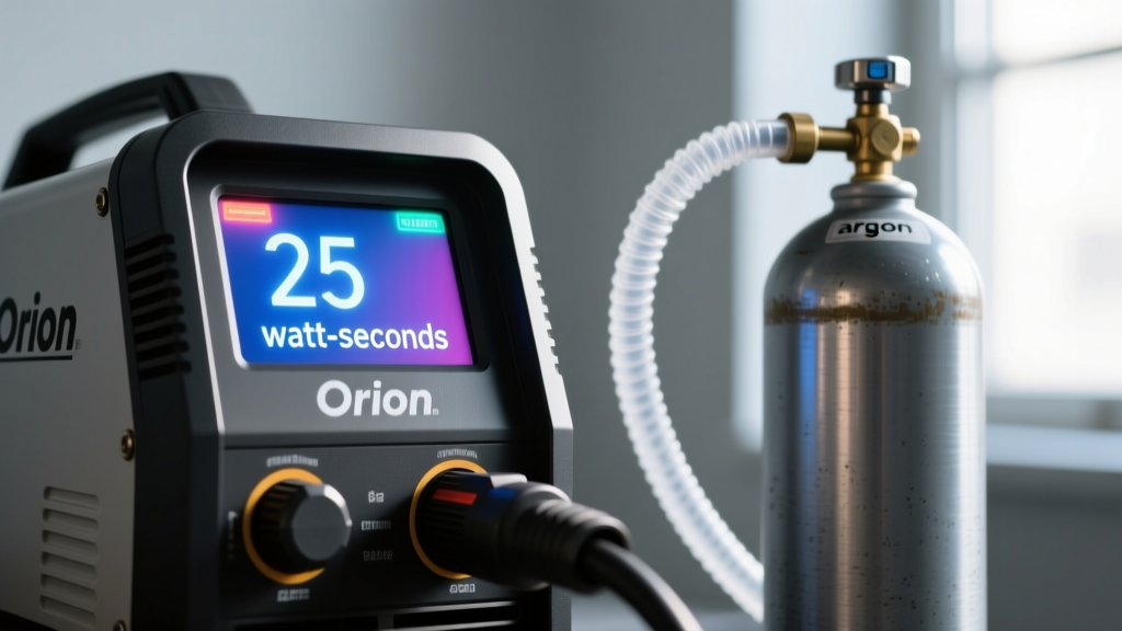 Close-up of an Orion welder digital display showing 25 watt-seconds next to a regulated argon gas cylinder with clear tubing