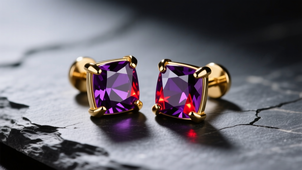 Close-up of 14k gold studs with 8mm square-cut deep purple Siberian amethysts on slate, moody lighting highlighting red flashes.