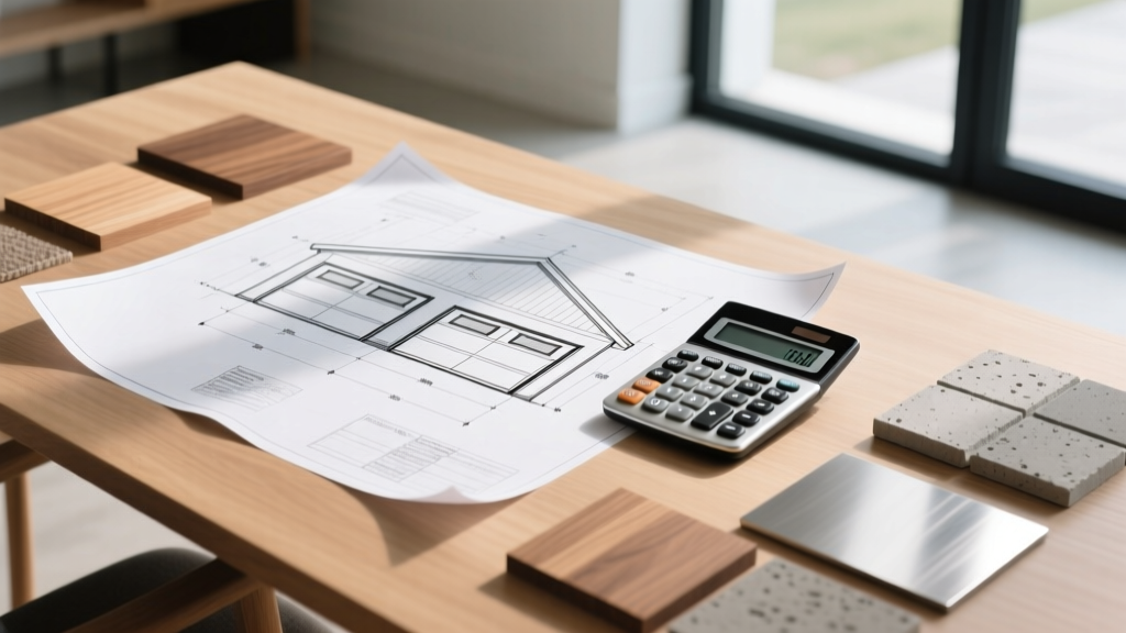 Architectural blueprints for a detached two-car garage spread on a wooden desk next to a financial calculator and material samples