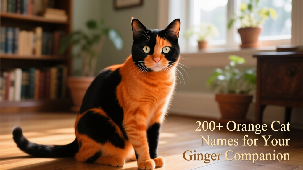 An orange-and-black tuxedo cat gazing curiously at the camera, with soft natural lighting