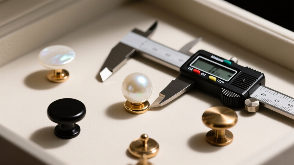 Overhead view of replacement jewelry box knobs including pearl, matte black, and antique brass arranged next to a digital caliper.
