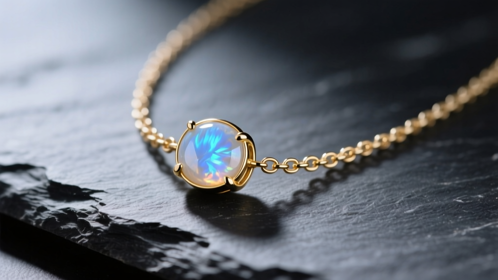Macro shot of a gold bezel-set moonstone necklace on dark slate, highlighting the iridescent blue flash and fine chain links