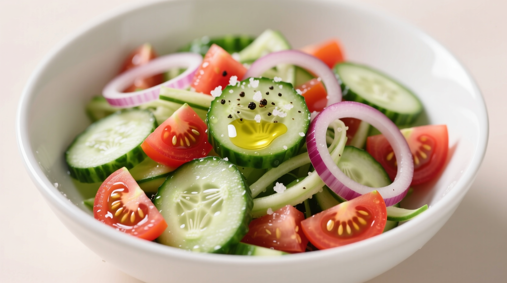 Fresh cucumber tomato onion salad in white bowl