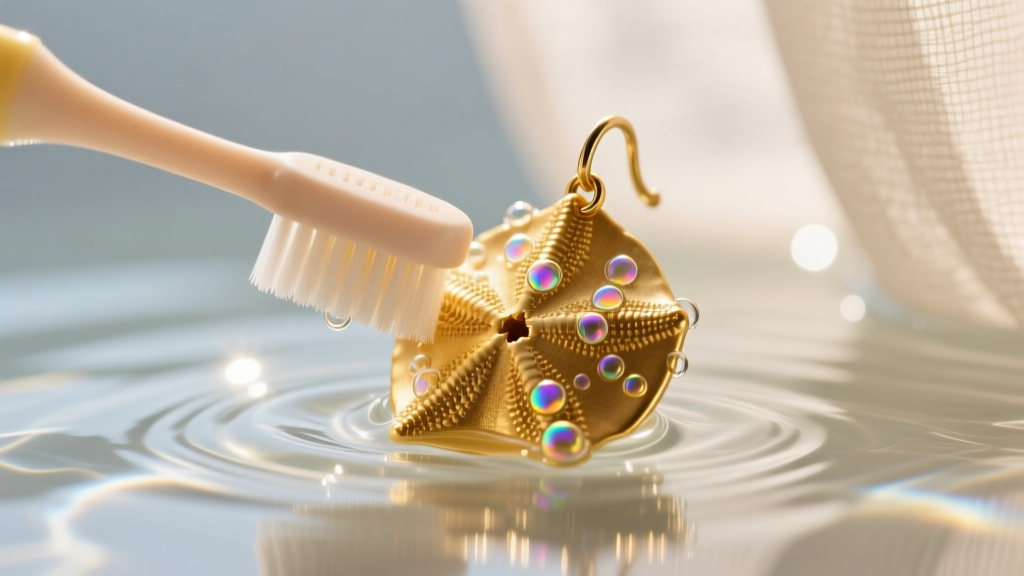 Soft baby toothbrush gently scrubbing textured crevices of a gold sand dollar earring submerged in mild soapy distilled water.