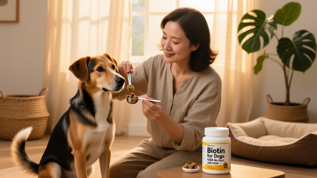 Dog owner carefully measuring a chewable biotin supplement for their pet