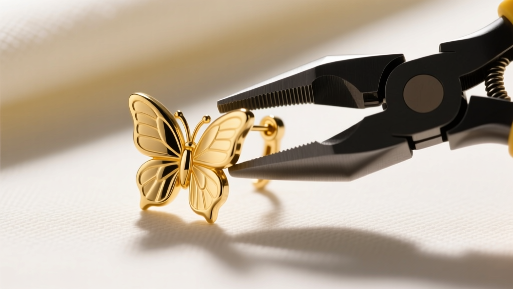 Close-up of an 18-karat yellow gold butterfly earring back being gently adjusted with nylon-jaw jewelry pliers to restore tension