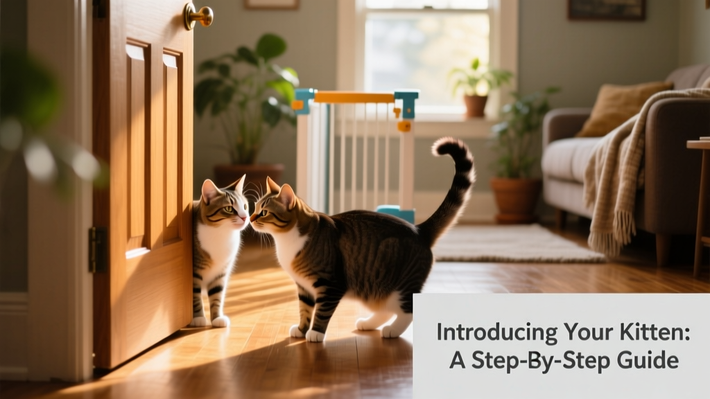 Two cats sniffing each other cautiously through a slightly opened door, with a baby gate visible in the background
