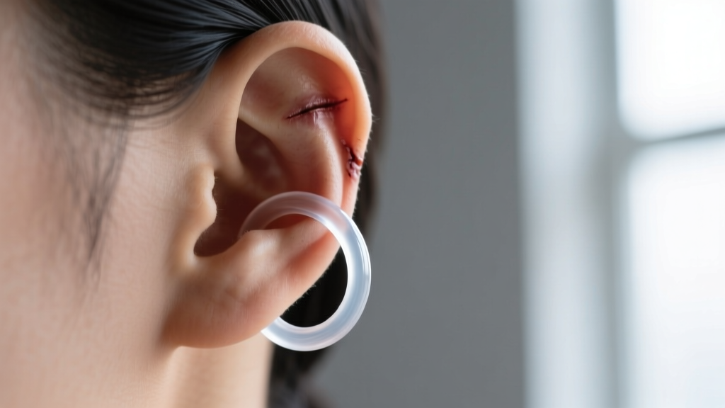 Side profile of a healed ear lobe wearing a flexible clear PTFE bioflex hoop, showing the seamless bend and hypoallergenic finish.