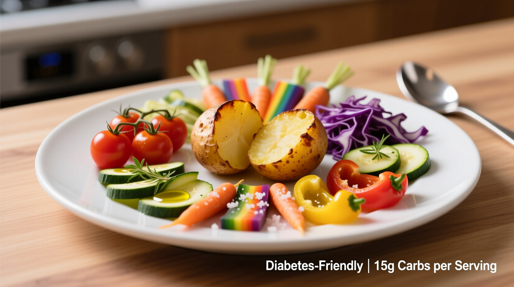 Diabetes-friendly potato portion with colorful vegetables