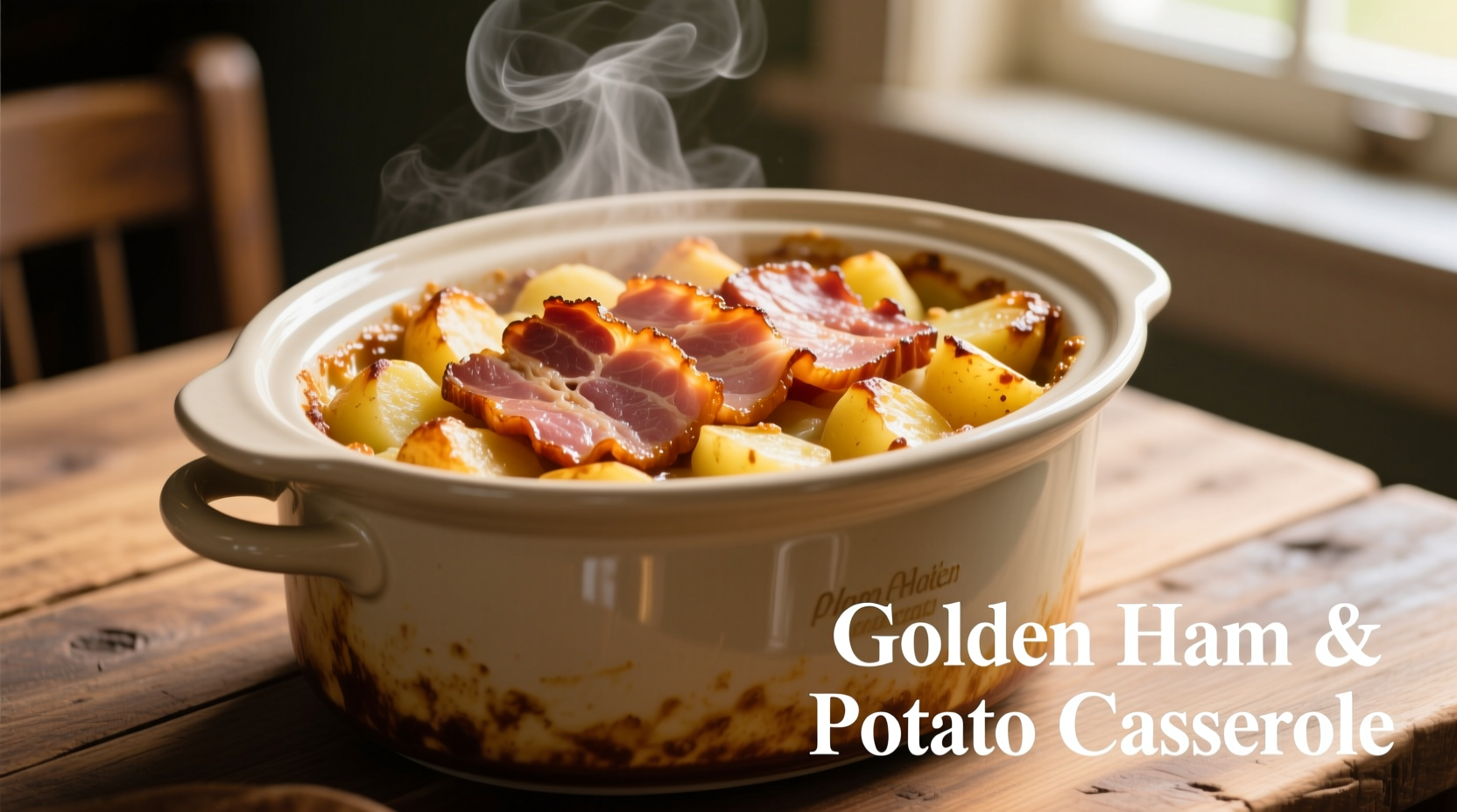 Crockpot filled with golden ham and potato casserole