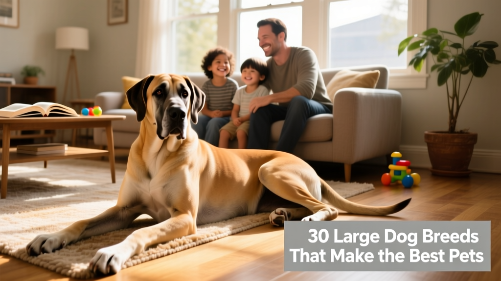 A gentle giant dog resting beside a family on a sunlit living room floor